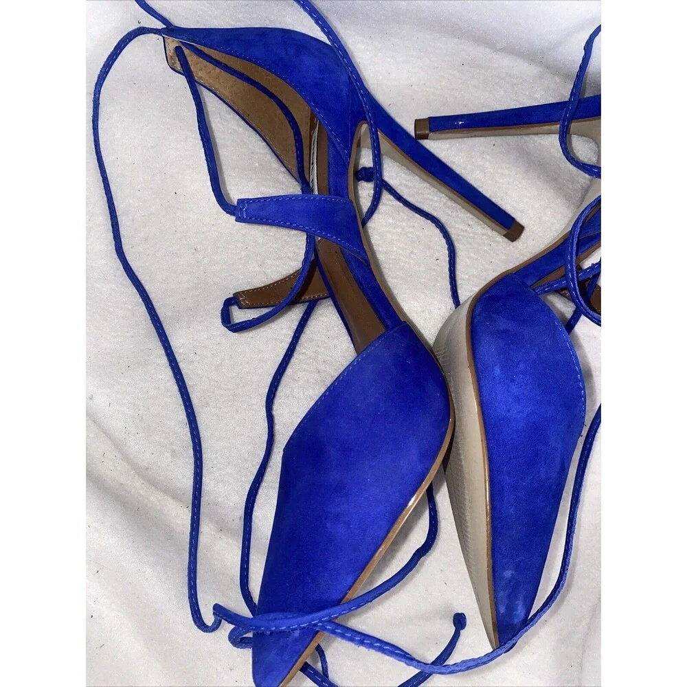 Steve Madden lace up leg heels shoes Raela Blue Suede Leather Point Womens 9M